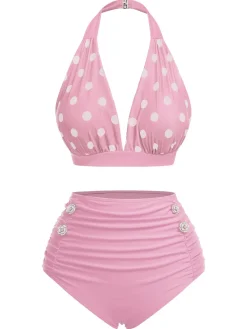Outlet Retro Stage [US Warehouse] Red 1950s Polka Dot Halter Separate Swimsuit