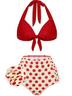 Clearance Retro Stage [US Warehouse] 1950s Polka Dots Halter Bikini Set Red