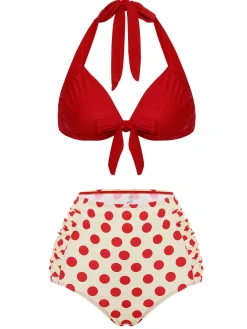 Clearance Retro Stage [US Warehouse] 1950s Polka Dots Halter Bikini Set Red