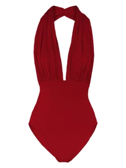 Fashion Retro Stage [US Warehouse] Red 1930s Retro Halter Solid One-piece Swimsuit