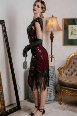 Clearance Retro Stage [US Warehouse] Red 1920s Sequin Beaded Fringed Dress