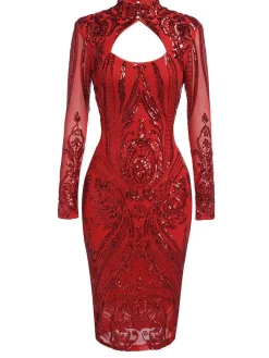 New Retro Stage [US Warehouse] 1920s Sequined Keyhole Dress Red
