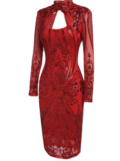 New Retro Stage [US Warehouse] 1920s Sequined Keyhole Dress Red