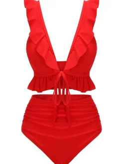 Hot Retro Stage [US Warehouse] 1950s Solid Ruffled V-neck Straps Swimsuit Red