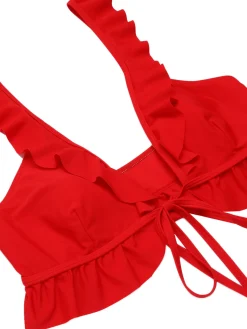 Hot Retro Stage [US Warehouse] 1950s Solid Ruffled V-neck Straps Swimsuit Red