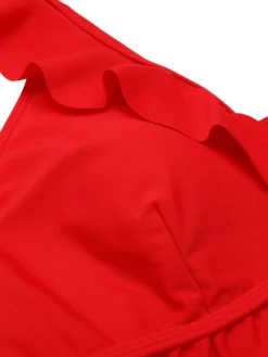 Hot Retro Stage [US Warehouse] 1950s Solid Ruffled V-neck Straps Swimsuit Red