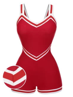 Hot Retro Stage [US Warehouse] 1940s Solid Patchwork V-Neck Swimsuit Red