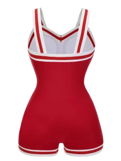 Hot Retro Stage [US Warehouse] 1940s Solid Patchwork V-Neck Swimsuit Red