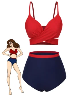 Outlet Retro Stage [US Warehouse] 1930s Spaghetti Strap Color Block Swimsuit Red