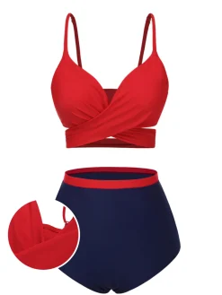 Outlet Retro Stage [US Warehouse] 1930s Spaghetti Strap Color Block Swimsuit Red
