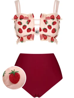 Hot Retro Stage [US Warehouse] 1940s Strawberry Mesh Strap Swimsuit Red
