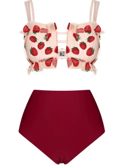 Hot Retro Stage [US Warehouse] 1940s Strawberry Mesh Strap Swimsuit Red