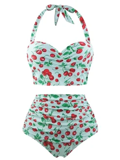 Sale Retro Stage [US Warehouse] Retro 1950s Cherry Summer Halter Swimsuit Light Green