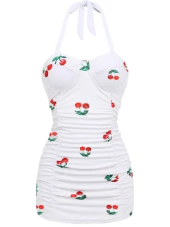 Sale Retro Stage [US Warehouse] Retro 1950s Cherry Summer One-piece Swimsuit White