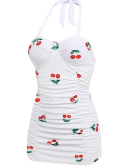 Sale Retro Stage [US Warehouse] Retro 1950s Cherry Summer One-piece Swimsuit White
