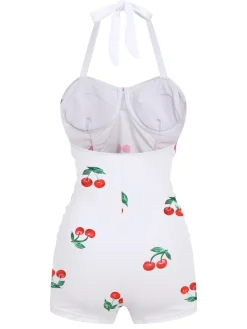Sale Retro Stage [US Warehouse] Retro 1950s Cherry Summer One-piece Swimsuit White