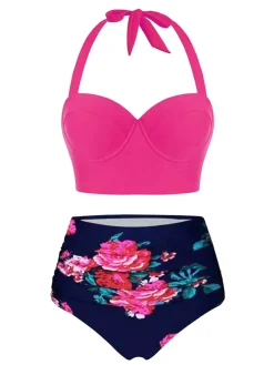 Discount Retro Stage [US Warehouse] 1950s Halter Flowers Bikini Set Rose Red