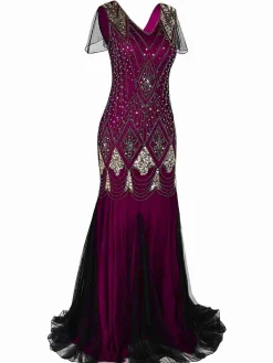 Hot Retro Stage [US Warehouse] 1920s Sequined Maxi Flapper Dress Rose red