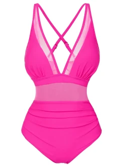 Discount Retro Stage [US Warehouse] 1950s Solid Sheer Patchwork Swimsuit Rose Red