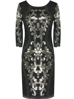 Hot Retro Stage [US Warehouse] 1920s 3/4 Sleeve Mesh Sequin Gatsby Dress Black