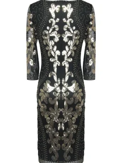 Hot Retro Stage [US Warehouse] 1920s 3/4 Sleeve Mesh Sequin Gatsby Dress Black