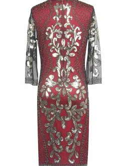 Online Retro Stage [US Warehouse] 1920s 3/4 Sleeve Mesh Sequin Gatsby Dress Red