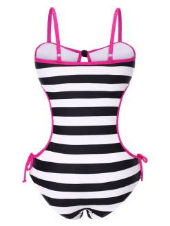 Hot Retro Stage [US Warehouse] 1960s Barbie Striped Hollow Bow Swimsuit Black