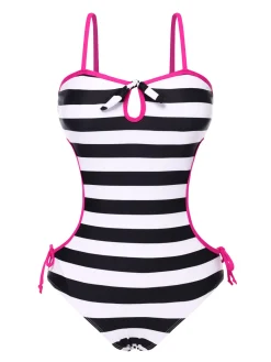 Hot Retro Stage [US Warehouse] 1960s Barbie Striped Hollow Bow Swimsuit Black