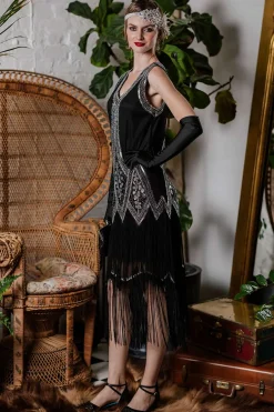 Sale Retro Stage [US Warehouse] 1920s Beaded Fringed Flapper Dress