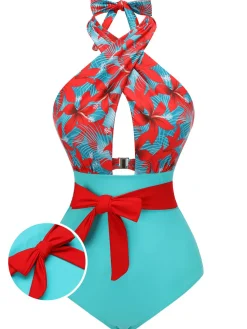 Best Retro Stage [US Warehouse] 1950s Bow Tie Floral Cross Straps Swimsuit