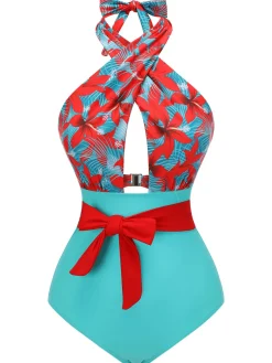 Best Retro Stage [US Warehouse] 1950s Bow Tie Floral Cross Straps Swimsuit