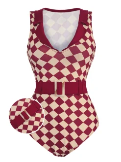 Outlet Retro Stage [US Warehouse] 1930s Burgundy Diamond Lapel One-Piece Swimsuit Wine Red