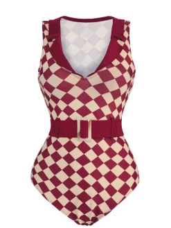 Outlet Retro Stage [US Warehouse] 1930s Burgundy Diamond Lapel One-Piece Swimsuit Wine Red