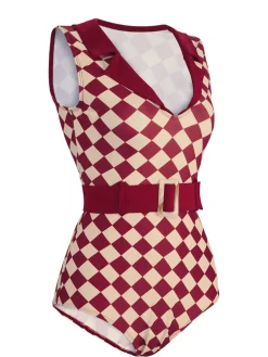 Outlet Retro Stage [US Warehouse] 1930s Burgundy Diamond Lapel One-Piece Swimsuit Wine Red