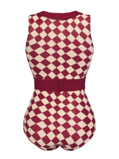 Outlet Retro Stage [US Warehouse] 1930s Burgundy Diamond Lapel One-Piece Swimsuit Wine Red