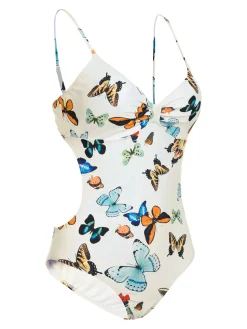 Outlet Retro Stage [US Warehouse] 1960s Butterflies Strap One-piece Swimsuit & Cover-up Skirt White