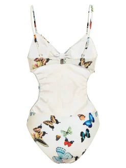 Outlet Retro Stage [US Warehouse] 1960s Butterflies Strap One-piece Swimsuit & Cover-up Skirt White
