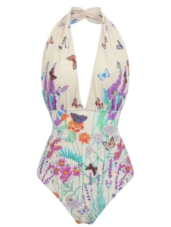 Clearance Retro Stage [US Warehouse] 1960s Butterfly Halter One-Piece Bikini Set As Picture