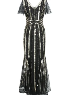 Fashion Retro Stage [US Warehouse] 1920s Cap Sleeve Sequined Embellished Dress Black