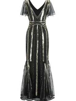 Fashion Retro Stage [US Warehouse] 1920s Cap Sleeve Sequined Embellished Dress Black