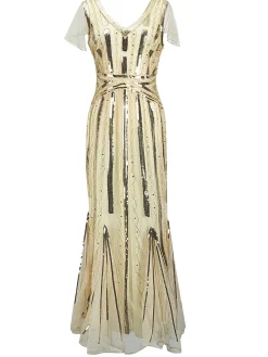 Best Retro Stage [US Warehouse] 1920s Cap Sleeve Sequined Embellished Dress Beige