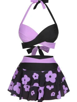 Discount Retro Stage [US Warehouse] 1970s Color Block Floral Halter Swimsuit