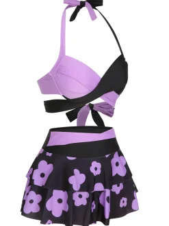 Discount Retro Stage [US Warehouse] 1970s Color Block Floral Halter Swimsuit