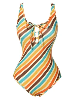 Discount Retro Stage [US Warehouse] 1960s Diagonal Stripe Cutout One-Piece Swimsuit Multicolor