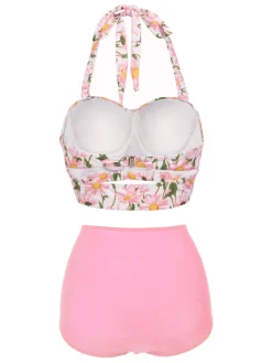 Hot Retro Stage [US Warehouse] 1950s Floral Halter Lace-up Bikini Set
