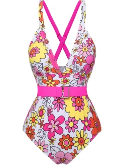 Clearance Retro Stage [US Warehouse] 1960s Flowers Back-Cross Strap Belt Swimsuit Multicolor