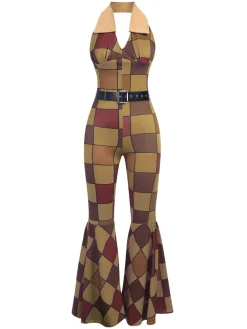 Best Retro Stage [US Warehouse] 1970s Geometric Pattern Patchwork Halter Jumpsuit Brown