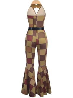 Best Retro Stage [US Warehouse] 1970s Geometric Pattern Patchwork Halter Jumpsuit Brown