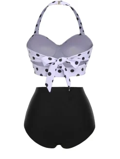 Sale Retro Stage [US Warehouse] 1950s Halter Contrast Polka Dots Swimsuit Black & White