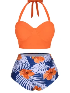 Clearance Retro Stage [US Warehouse] 1940s Halter Flowers Pleated Bikini Set Orange
